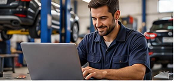 Illustrative image: a smiling technician in a workshop working on a laptop, with cars raised on lifts behind him.