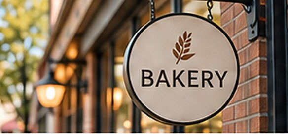 Illustrative image: a round hanging sign reading “Bakery” outside a brick storefront with warm street lamps.