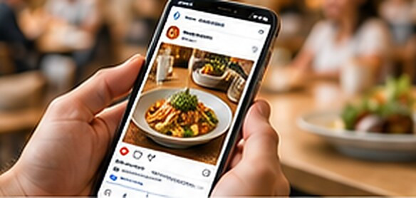 Illustrative image: a hand holding a phone that shows a social media post of a plated meal, with a restaurant table behind it.