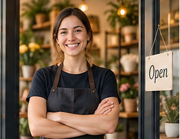 Illustrative image: a smiling shop owner in an apron standing with arms crossed in a shop doorway beside an “Open” sign.