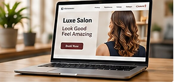 Illustrative image: a laptop showing an example salon website, with a woman’s photo and a booking button, on a café-style table.