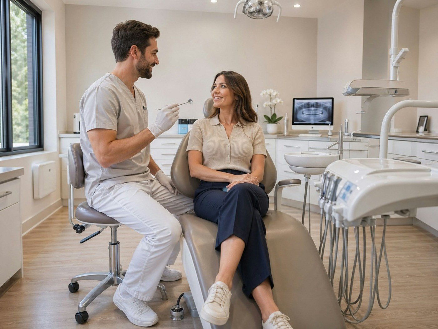 A dentist talks with a smiling patient sitting in the chair of a bright, modern dental office.